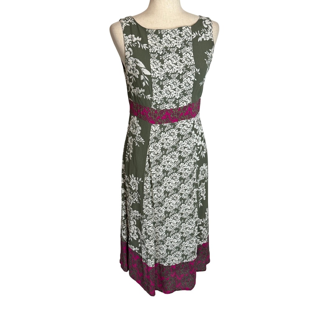 Monsoon vintage Sleeveless Midi Dress‎ Olive Green Magenta Print Tie Waist